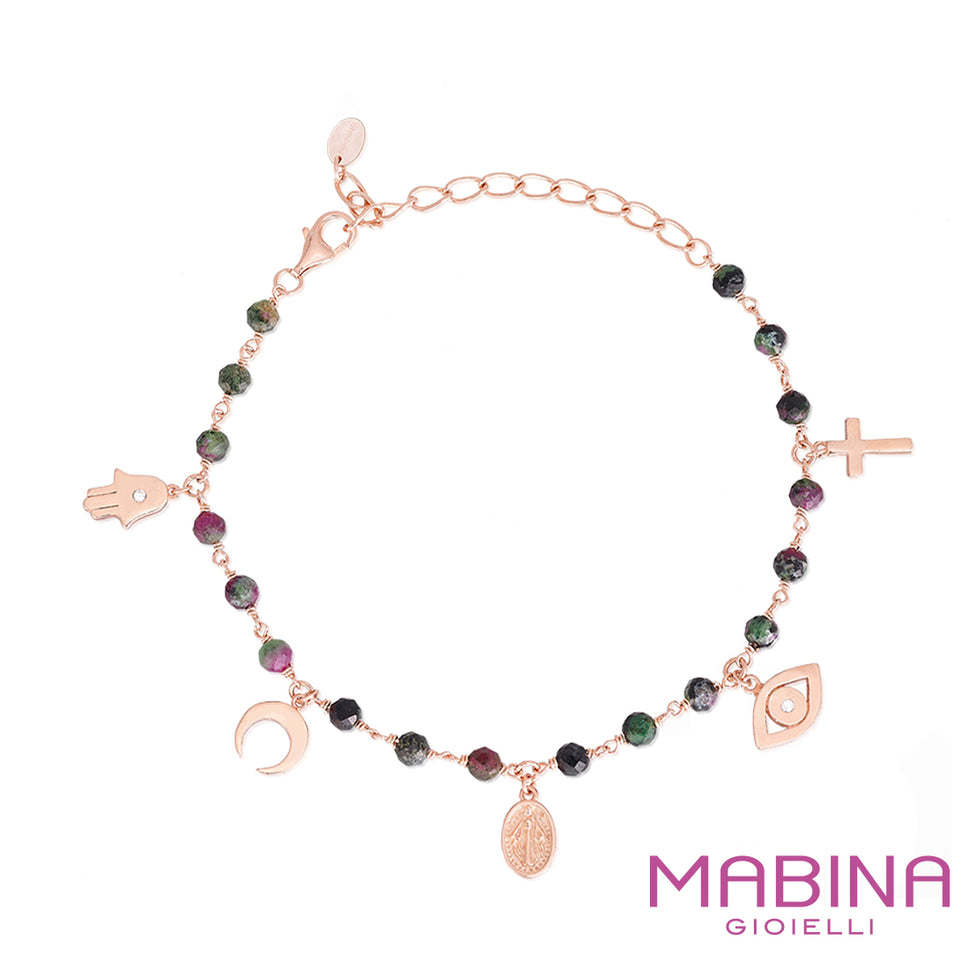 Bracciale con pietre e pendenti argento rosè - Smirne Gioielleria